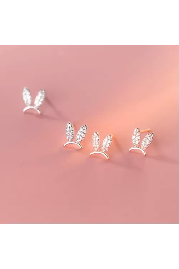 Rose gold plad/925 Sterling Solid Silver Stud Earrings w/Clear CZ Bunny ears-Rose Gold