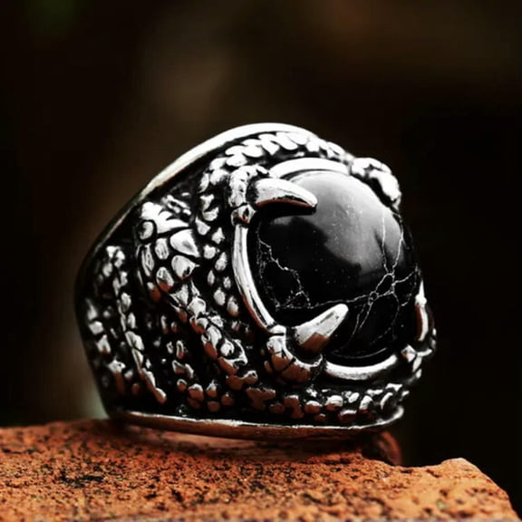 K-KED Round Black Turquoise Dragon Claws Winding Snake Ring Stainless Steel Heavy Ring-9