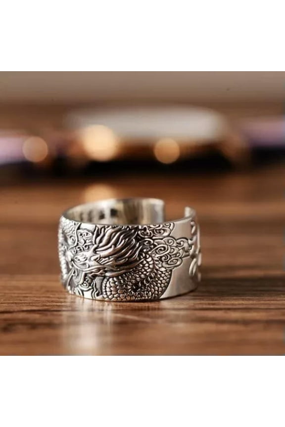 S925 Real Silver Rings For Men Women Sutra Word Width Dragon Pattern Ring 8-10-8