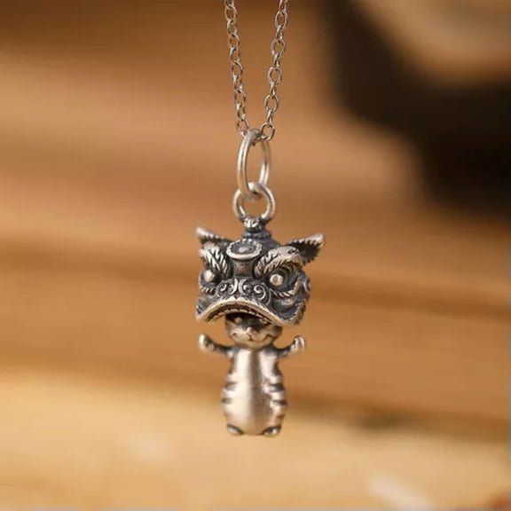 K-KED S925 Real Sterling Silver Lucky Lion Pendant with O Chain Link Necklace