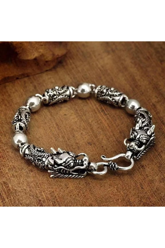 S925 Silver Double Dragon Men's Personalized Retro Bracelet