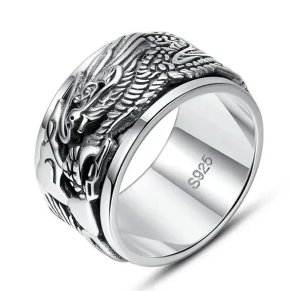 K-KED S925 Silver Rui Dragon Pattern Rotated Wide Face Dominant Index Finger Rings-8