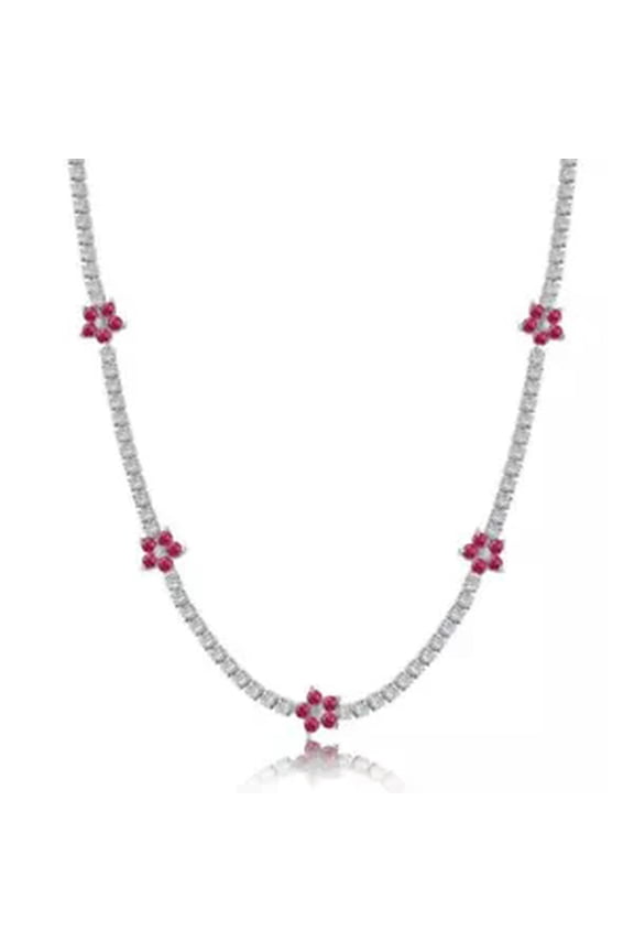 S925 Solid Sterling 5A Zirconia Flower Tennis Chain Necklace Wedding Party Gifts-Silver Plated-Ruby