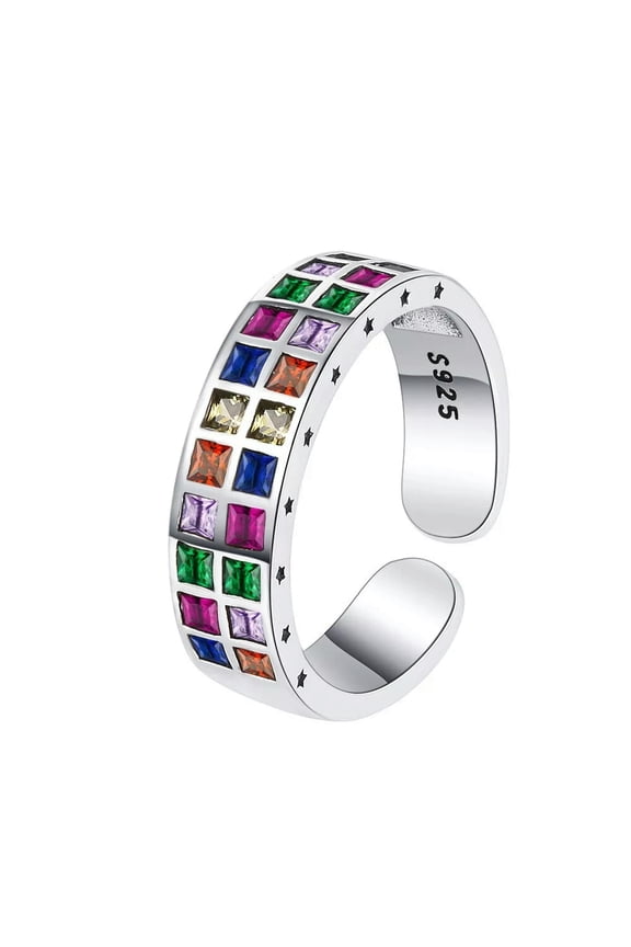 S925 Solid Sterling Luxury Rainbow 5A Square Zirconia Double Rows Open Ring Gift