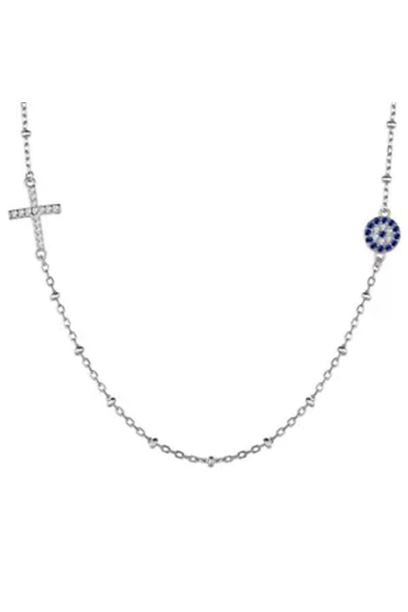 S925 Solid Sterling Silver Cubic Zirconia Evil Pendant Eyes Cross Necklaces Gift-Silver