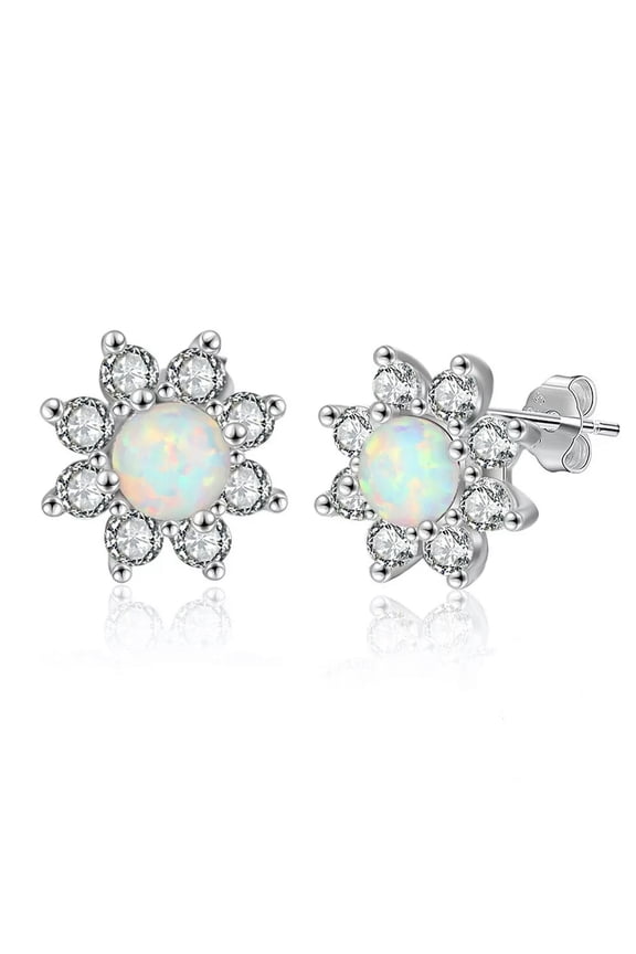 S925 Solid Sterling Silver Elegant White Fire Opal Zirconia Flower Stud Earrings