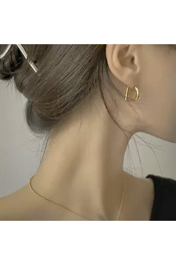 S925 Solid Sterling Silver Minimalist Letter D Hoop Huggie Earrings Women Gifts-Gold