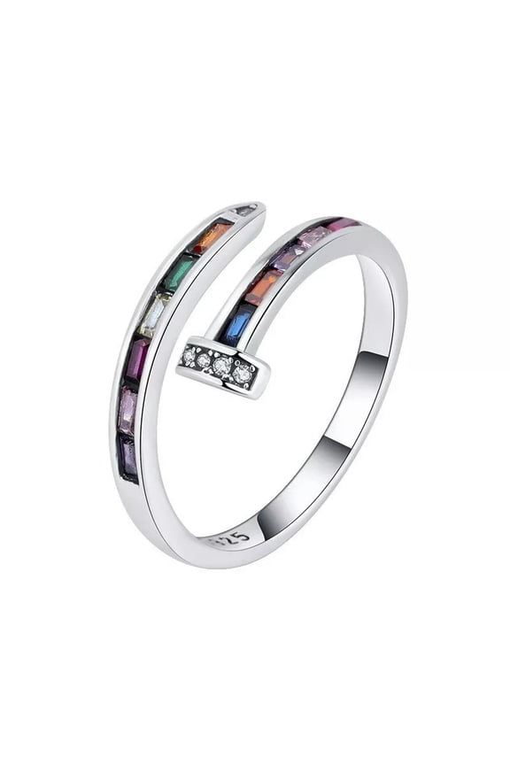 S925 Solid Sterling Silver Rainbow 5A Zirconia Nail Ring Open Rings Gifts Women