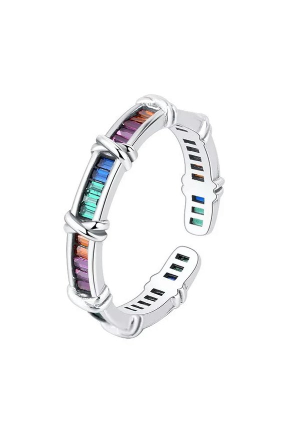 S925 Solid Sterling Silver Rainbow Ladder Zirconia Wired Retro Open Rings Gifts