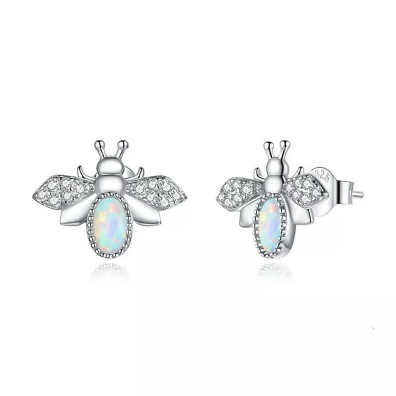 K-KED S925 Solid Sterling Silver White Fire Opal Zirconia Bee Insect Stud Earring Gift