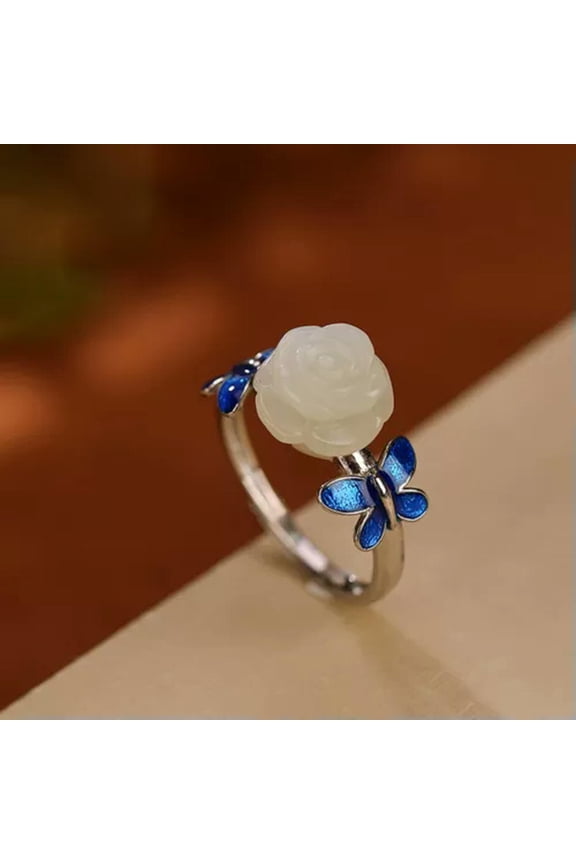 S925 Sterling Silver Natural Jadeite Flower Enamel Butterfly Woman Ring