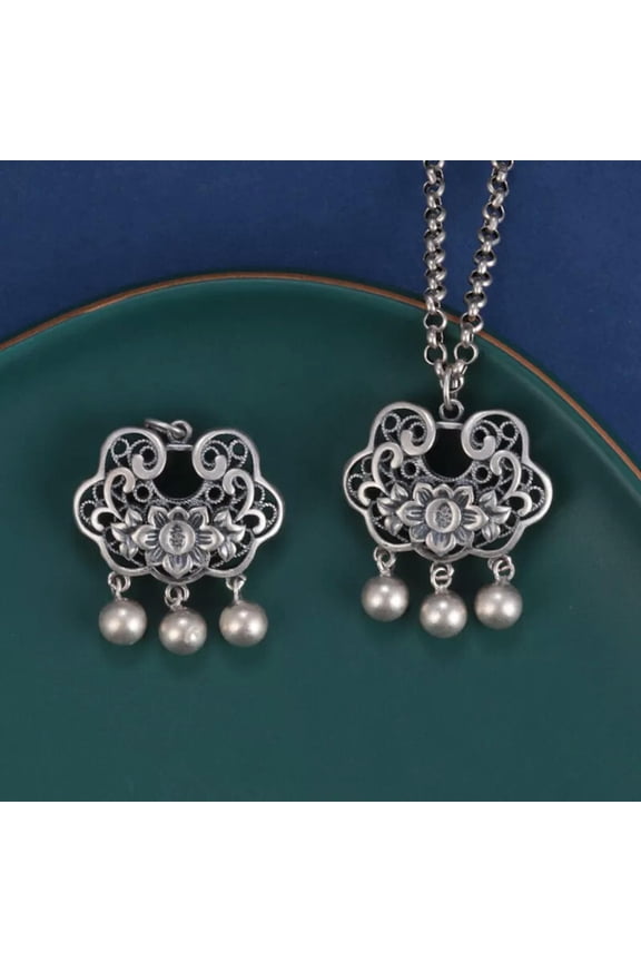 S925 Sterling Silver Tassel Peony Flower Ruyi Lock Pendant Hollow Out Pendant