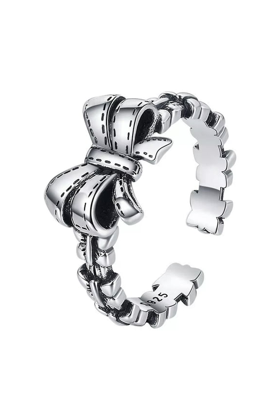 S925 Sterling Silver Vintage Brilliant Bow Ring Retro Engraved Open Rings Gifts