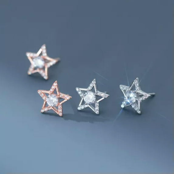 K-KED STERLING SILVER 925 Stud EARRINGS - STAR Crystal Zircon Pave-Silver