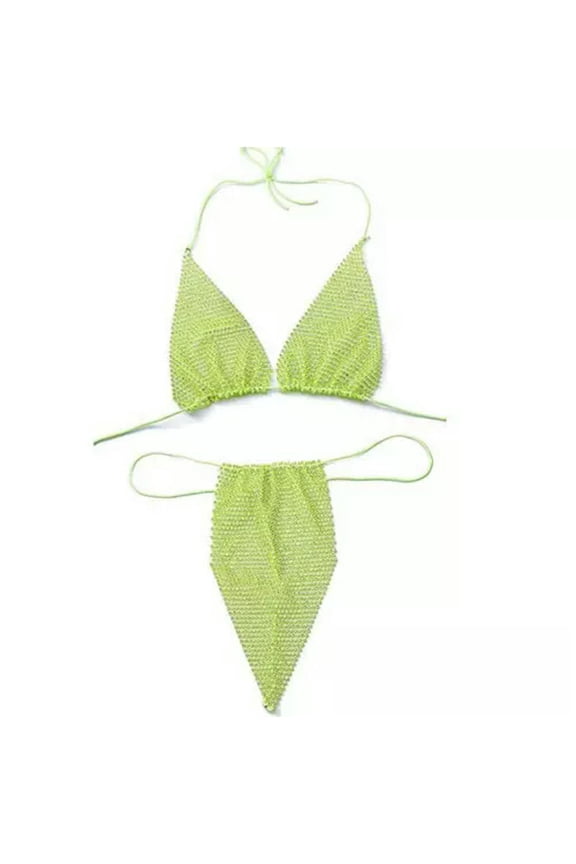 Sexy Body Chain Crystal Bra Thong Women Lingerie Bikini Body Underwear Jewelry-Green