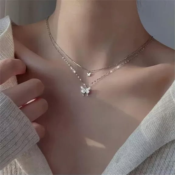 K-KED Shiny Butterfly Pendant Necklace Double Layer Clavicle Chain Silvery Fashion New