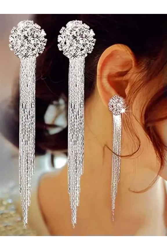 Shiny Silver Fringe Tassel Earrings Drop Dangle Prom Pageant Wedding