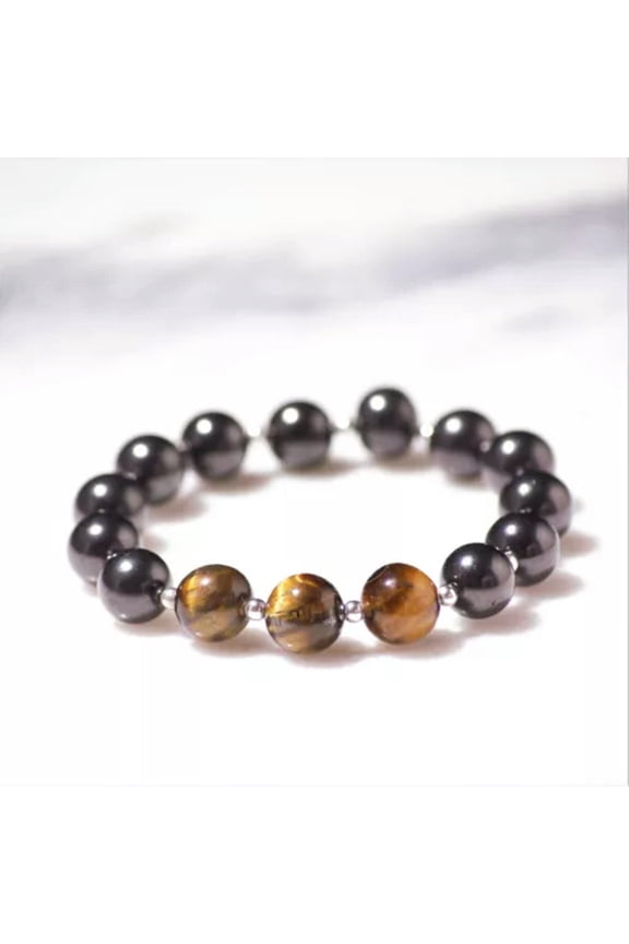 Shungite Bracelet with Tiger Eye and Spacers Healing and Protection-6 mm