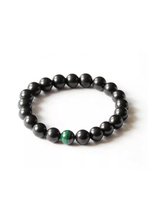 Shungite - Malachite Bracelet Round Beads - EMF Protection & Healing Crystal 8mm