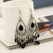 K-KED Silver Women Gemstone Tassel Ethnic Boho Dangle Drop Earrings Wedding Jewelry-Black
