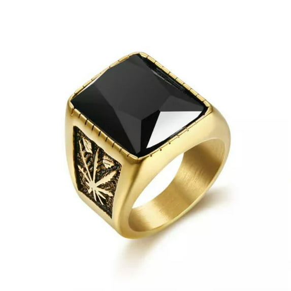 K-KED Simple Fashion Delicate Jewelry Mens Stainless Steel Maple Leaf Black and Red Onyx Ring-13-Gold/Black