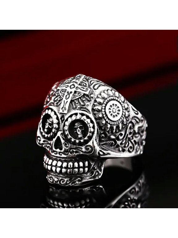 Skull Eye Cross Skull Ring Stainless Steel Men's Gothic Byzantine Skeleton Ring-11
