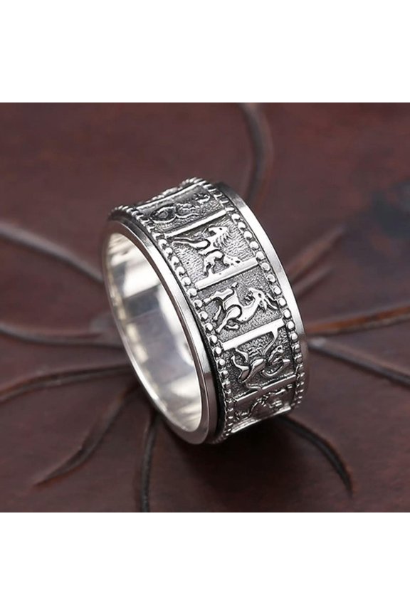 Solid 925 Sterling Silver Band Men Gift Lucky 12 Zodiac Animals Turn Ring 10g