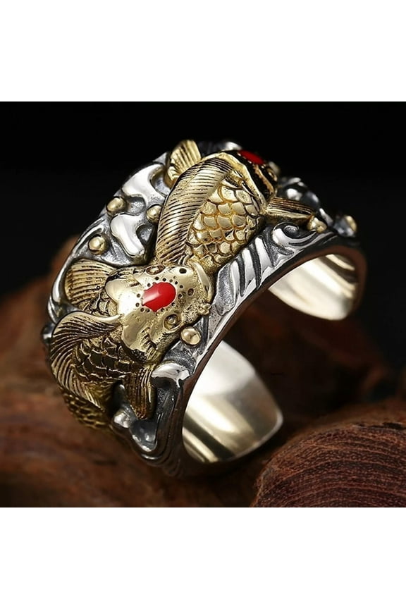 Solid 925 Sterling Silver Band Men Lucky Double Koi Carp Fish Open Ring 25-26g