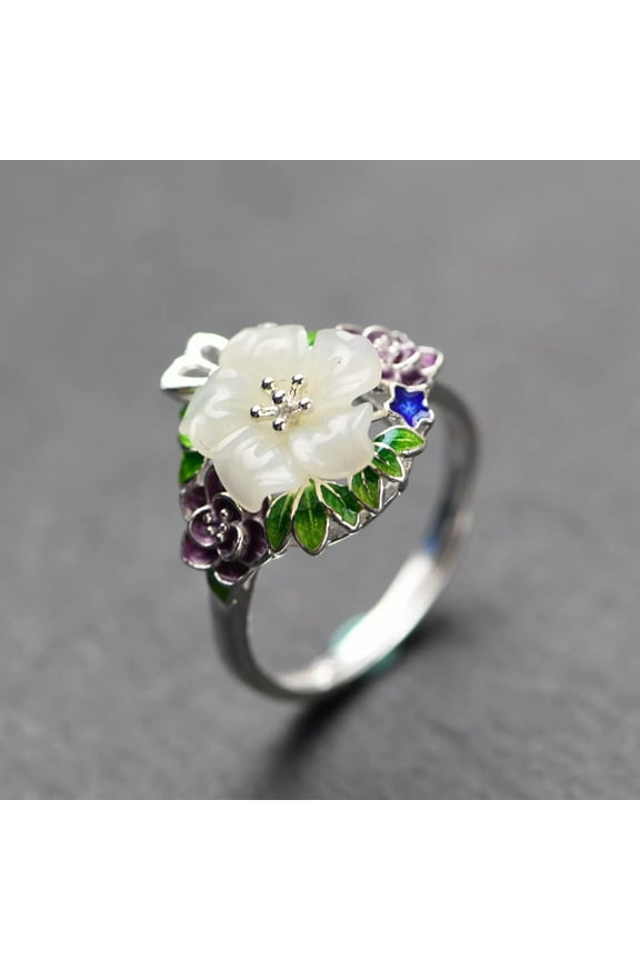 Solid 925 Sterling Silver Band Women Colorful Enamel Jade Leaf Flower Ring