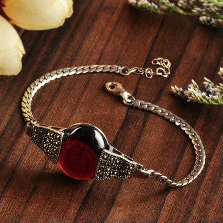 K-KED Solid 925 Sterling Silver Bracelet For Women Red Chalcedony Greem Gemstone Link-Red