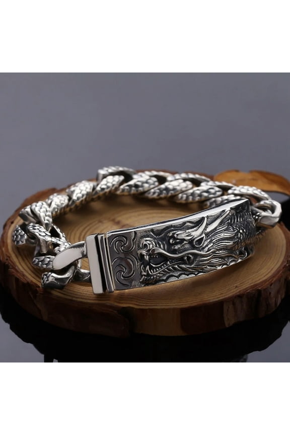 Solid 925 Sterling Silver Chain Men Dragon Cuban Curb Link Bracelet 94g/7.8inch