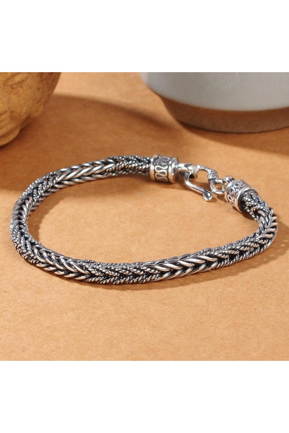 Solid 925 Sterling Silver Chain Men Foxtail Wheat Braided Bracelet 24g/7.8inch