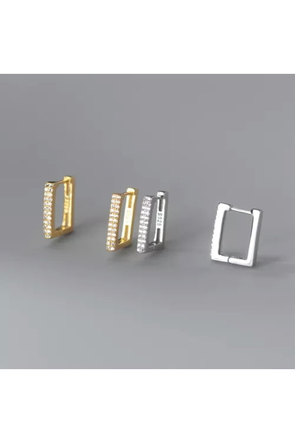 Solid 925 Sterling Silver Crystal Square Hoop Huggie Cuff Earrings Men Women-Silver