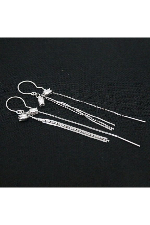 Solid 925 Sterling Silver Dangle Women Lucky Bell Flower Chain Tassel Earrings