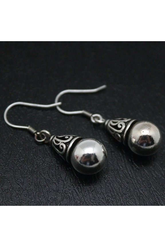 Solid 925 Sterling Silver Dangle Women Lucky Carved Pattern Glossy Bead Earrings