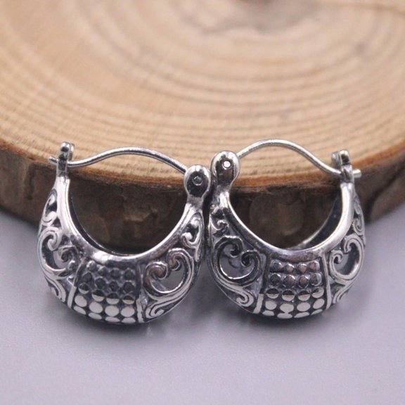 K-KED Solid 925 Sterling Silver Hoop Hollow Pattern Women Lucky Earrings