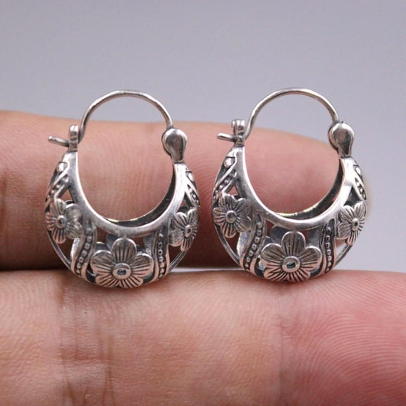 K-KED Solid 925 Sterling Silver Hoop Women Lucky Hollow Flower Bag Earrings