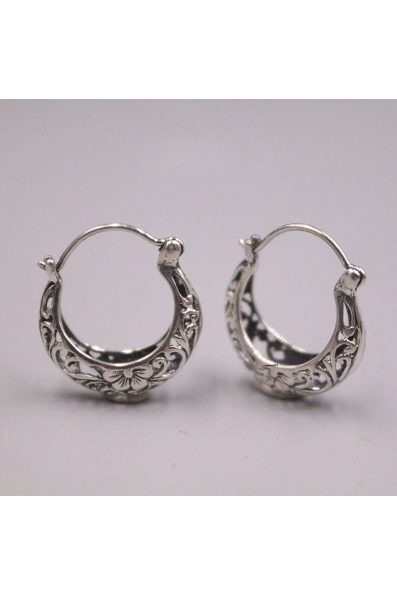 Solid 925 Sterling Silver Hoop Women Lucky Hollow Pattern Flower Earrings