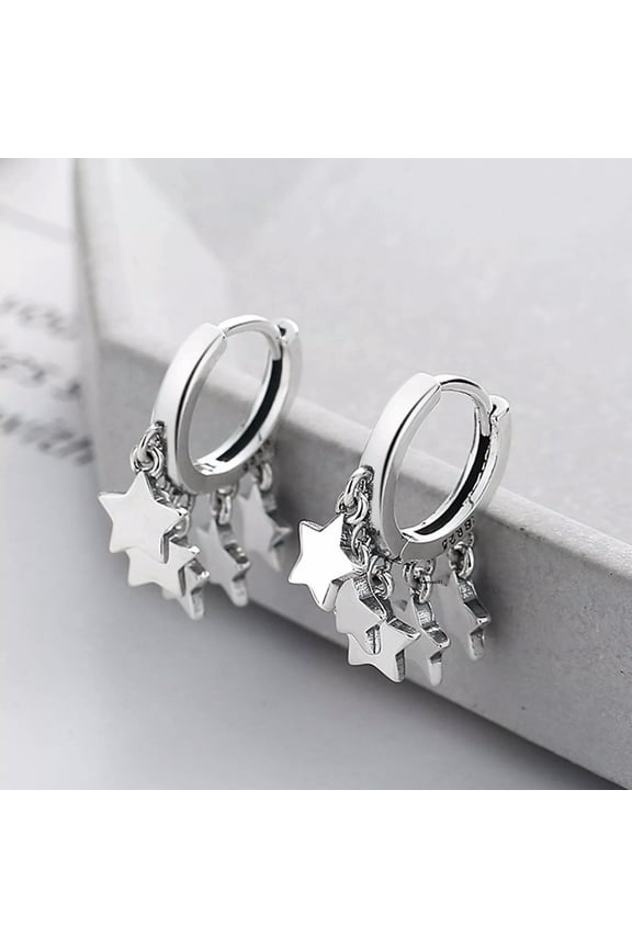Solid 925 Sterling Silver Hoop Women Lucky Star Tassel Dangle Earrings
