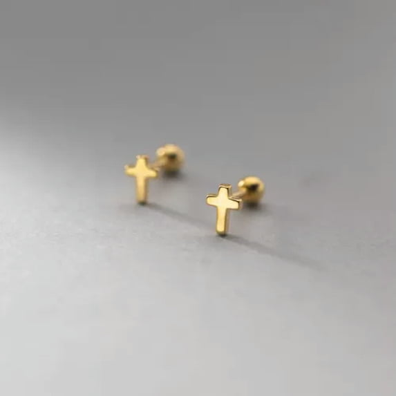 K-KED Solid 925 Sterling Silver Small Cross Crucifix Stud Earrings Screw Backs-Gold