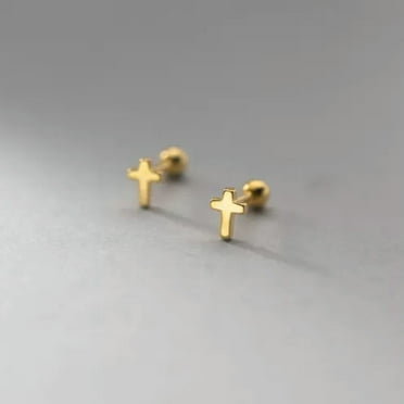 K-KED Solid 925 Sterling Silver Small Cross Crucifix Stud Earrings Screw Backs-Silver