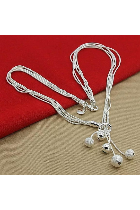 Sparkling Serpentine Silver Five Snake Chain Frosted Smooth Bead Ball Necklace