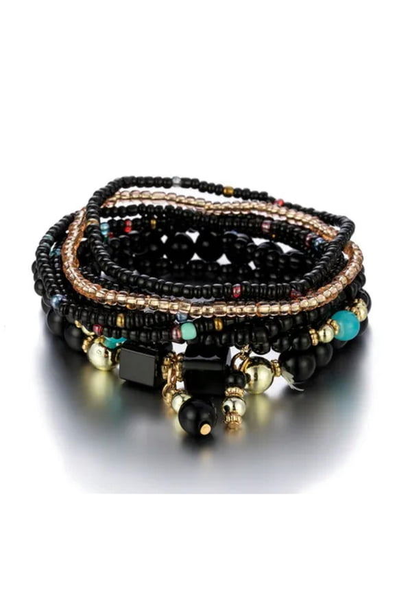 Stack Layering Beads Wrap Bracelet W/ Charms Bohemian Stretch Multi-Color Unisex-Black