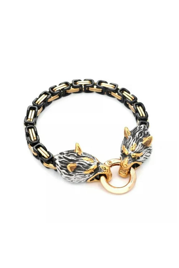 Stainless Steel Black Gold King Chain Viking Fenrir Wolf Head Byzantine Bracelet-7.5Inch(19cm)-Silver Wolf Head