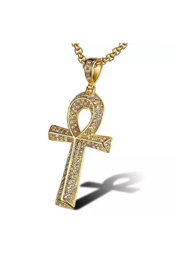 Stainless Steel Gold & Silver Egyptian CZ Hip Hop Ankh Cross Pendant Necklace-Gold