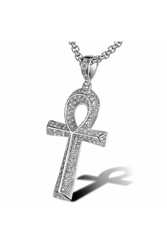 Stainless Steel Gold & Silver Egyptian CZ Hip Hop Ankh Cross Pendant Necklace-Silver