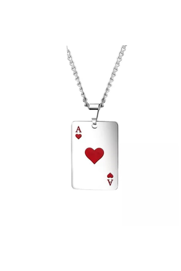 Stainless Steel Lucky Poker Ace of Spades and Ace of Hearts Pendant Necklace-Red