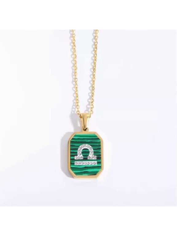 Stainless Steel Malachite Constellation Horoscope Zodiac Sign Pendant Necklace-Libra
