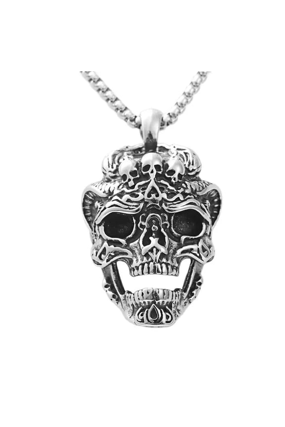 Stainless Steel Mens Horror Punk Biker Devil Skull Pendant Necklace Chain