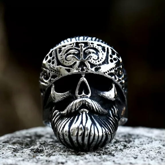 K-KED Stainless Steel Ring, Steel Warrior, Retro Bearded Stainless Steel Ring for Men-steel-10